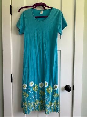 Turquoise Floral-Hem Short-Sleeve Midi Dress